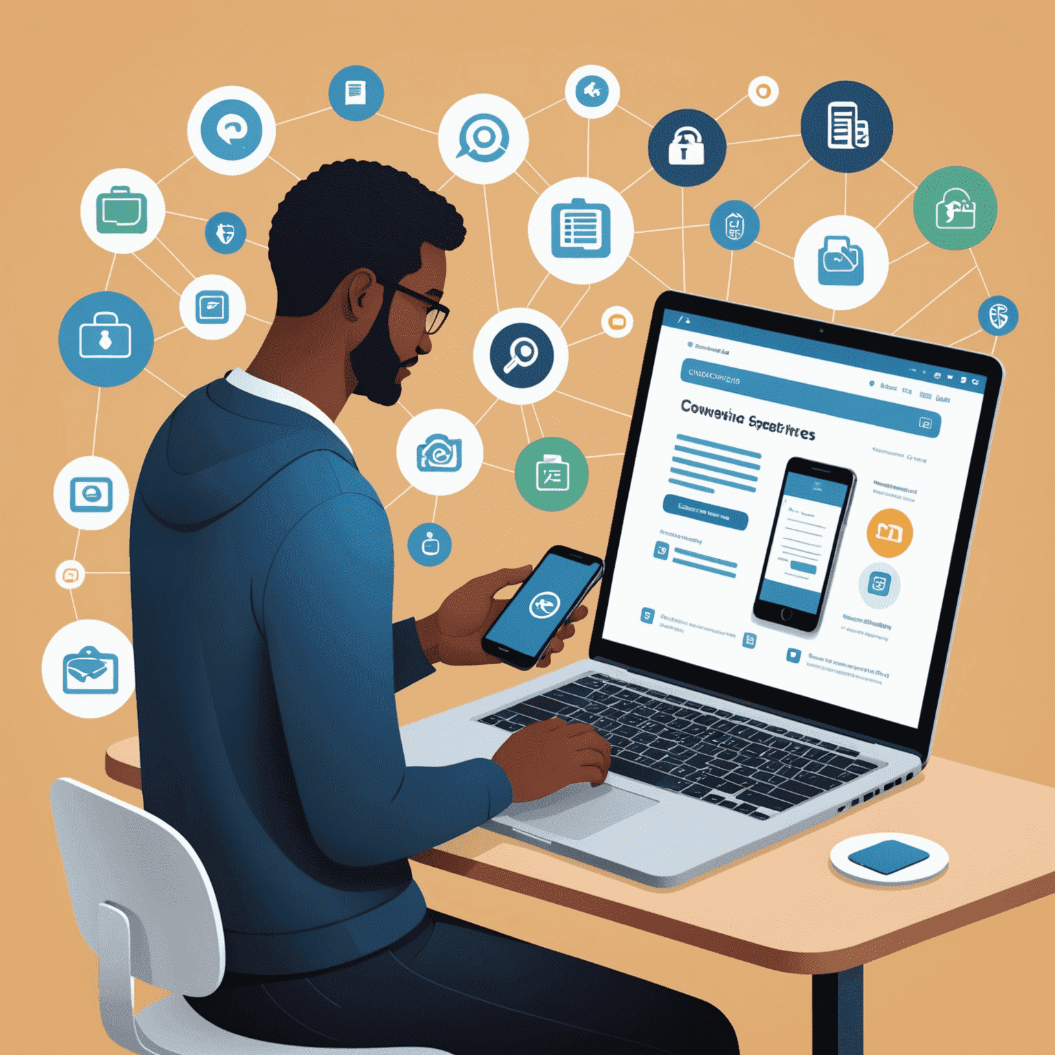 Illustration of a person using RTA digital services on a smartphone and laptop, with icons representing convenience, accessibility, and exclusive offers