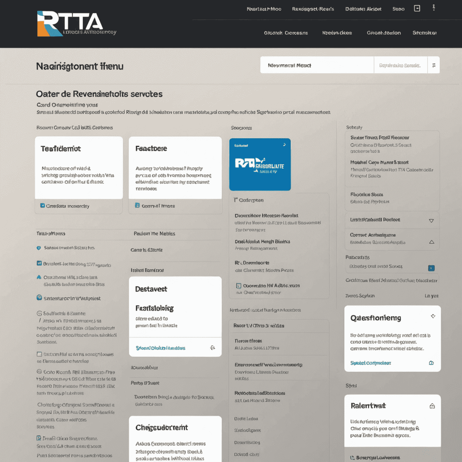 Screenshot of RTA's website navigation menu, showing options for card management, transaction history, and other services