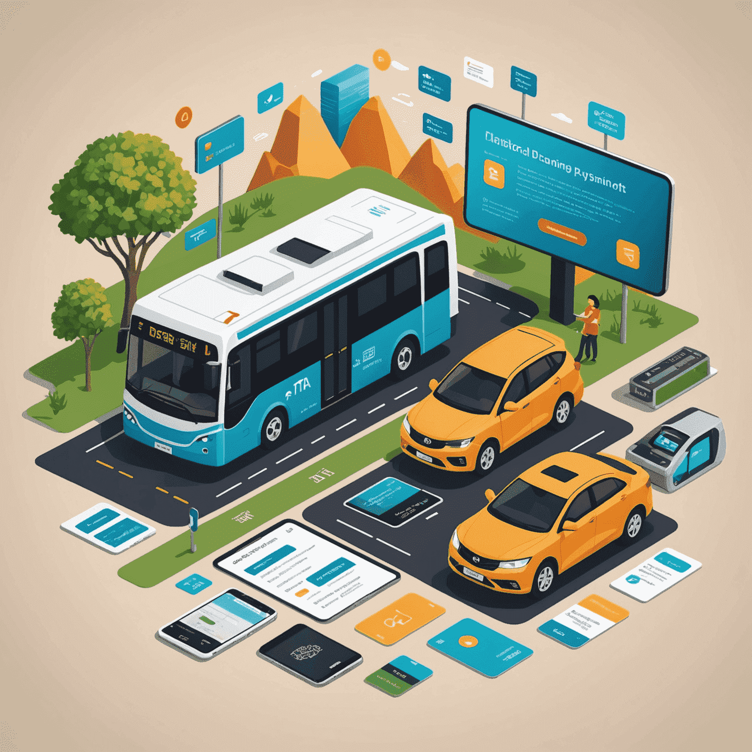 Illustration showcasing the various digital services offered by RTA, such as online payments, trip planning, and more