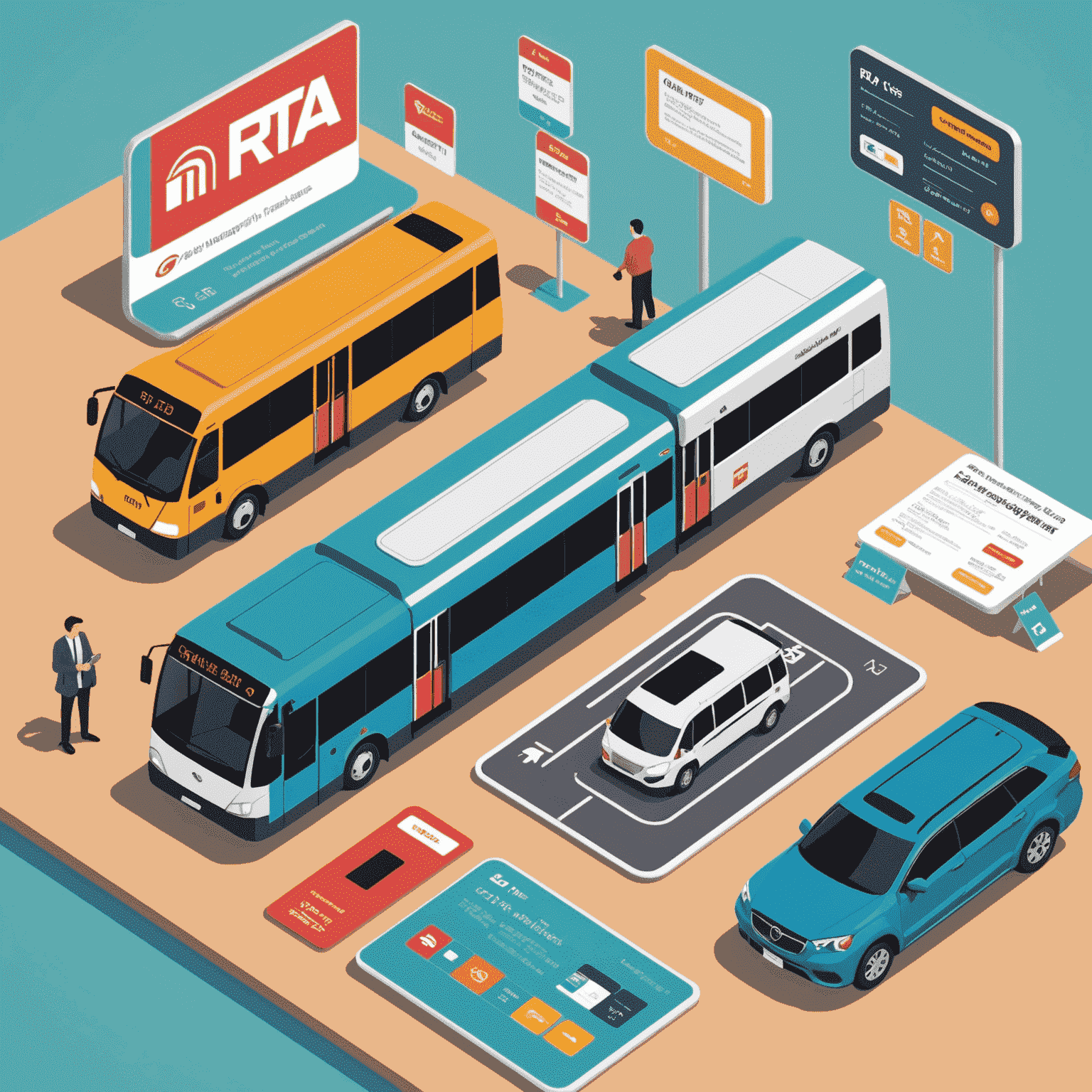 Illustration showcasing the various digital services offered by RTA, such as online card management, trip planning, and fare payment