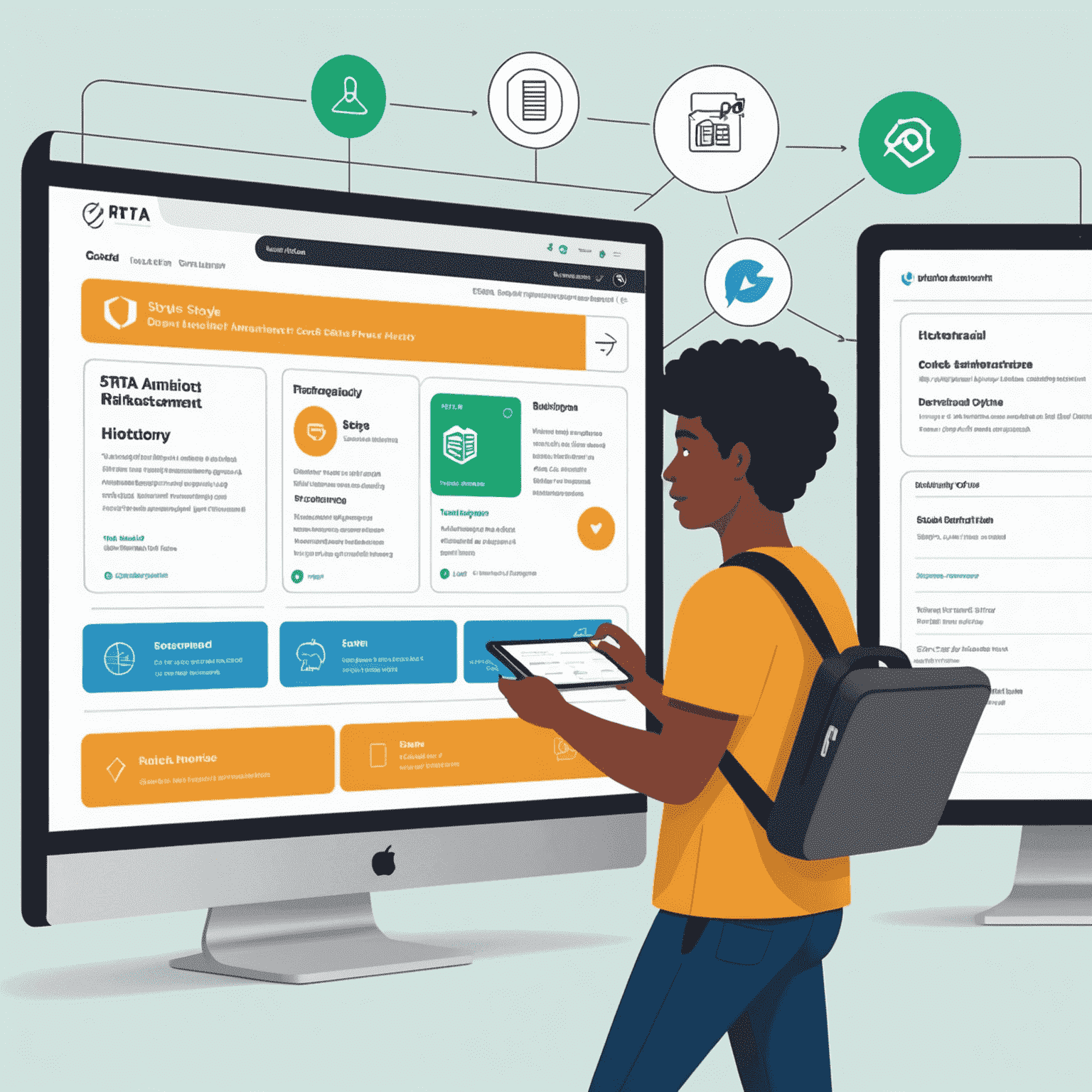 Illustration of a user navigating through RTA's website, with arrows pointing to key sections such as card management and transaction history