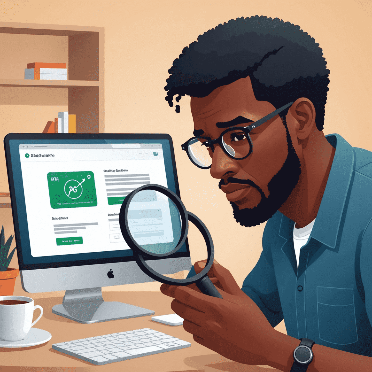 Illustration of a person troubleshooting common issues with RTA card online services, with a magnifying glass highlighting potential solutions